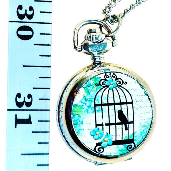 Bird Cage Graphic Enamel Quartz Locket Watch on Silver Tone Chain Necklace - Picture 4 of 4